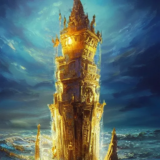 Prompt: a sparkling gold fantasy tower with splashes upwards from a turbulent ocean, dramatic lighting, shimmering sunlight, beautiful oil painting, artstation