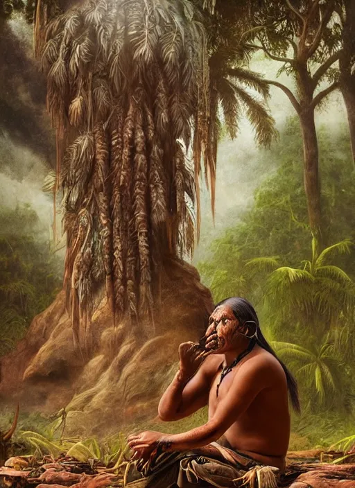 Image similar to a beautiful portrait of an indigenous man sitting in the jungle, taking tobacco snuff, praying with tobacco, mysterious atmosphere, fantasy art, matte painting, highly detailed