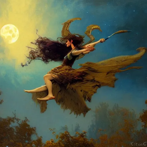 Image similar to witch flying, trough the night, fantasy, full moon in background. highly detailed painting by gaston bussiere, craig mullins, j. c. leyendecker 8 k