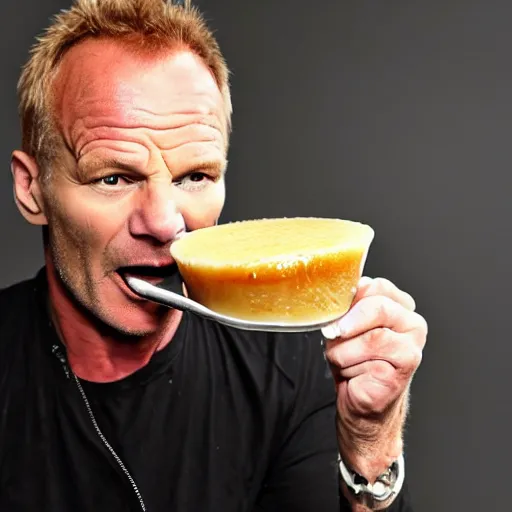 Image similar to sting the singer eating a banana creme brule ( dont ask )