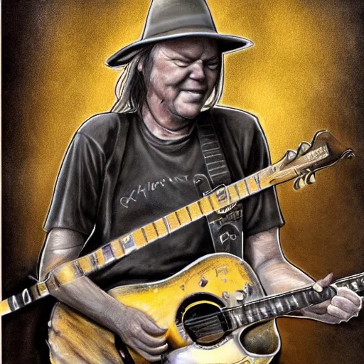 Image similar to neil young shredding during a live performance, happy, smile, digital art, highly detailed, trending on art station