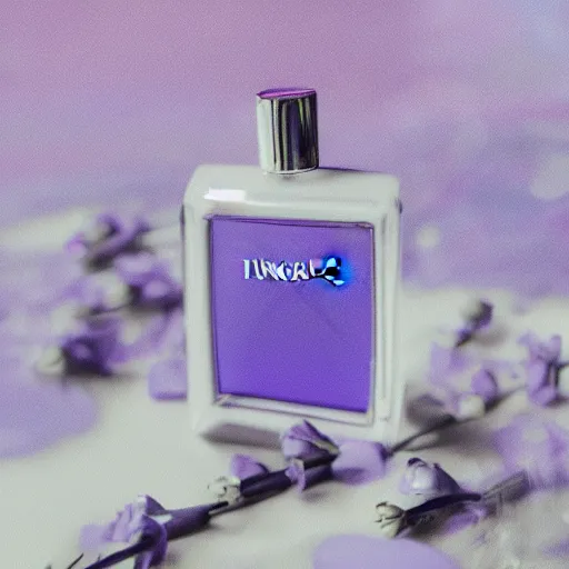 Prompt: perfume bottle surrounded by artistic, blurred blue and lilac flowers, white background, simple path traced, environment, sephora, dior