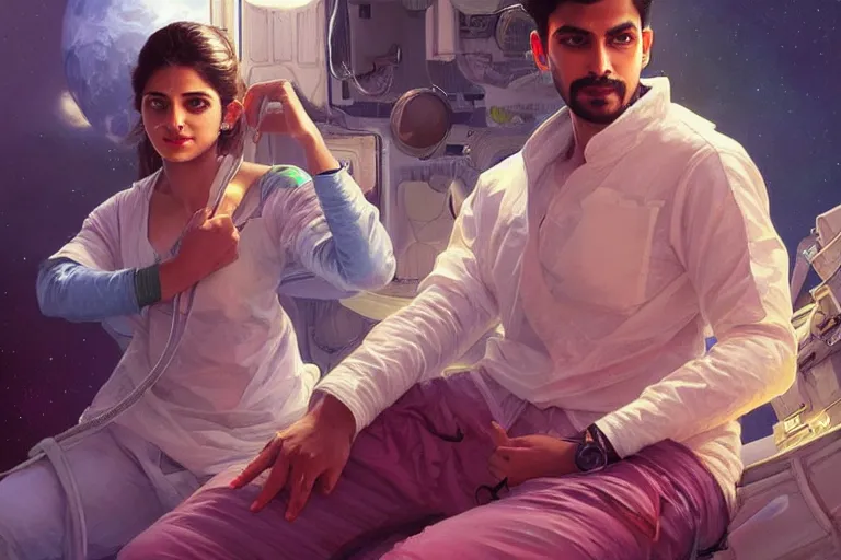 Image similar to Sensual good looking pale young Indian doctors wearing jeans partying in a space station above Earth performing surgery, portrait, elegant, intricate, digital painting, artstation, concept art, smooth, sharp focus, illustration, art by artgerm and greg rutkowski and alphonse mucha