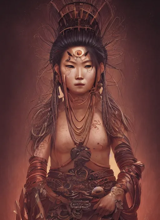 Prompt: a beautiful detailed oil on copper art illustration of a waka onna mask shogun woman, centered, by charlie bowater, zeng fanzh, trending on artstation, dim dusk lighting, cinematic lighting, detailed lighting, volumetric lighting, realistic, f 8, 4 k hd wallpaper