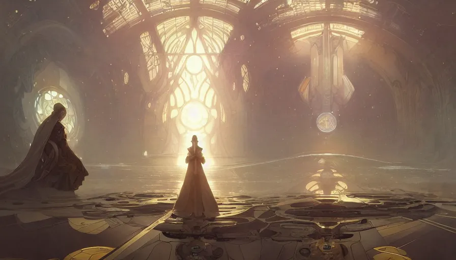 Prompt: a religious scifi room with a floating platform in the center and elegant, cinematic shot, intricate digital painting artstation concept art smooth sharp focus illustration, art by artgerm and greg rutkowski and alphonse mucha