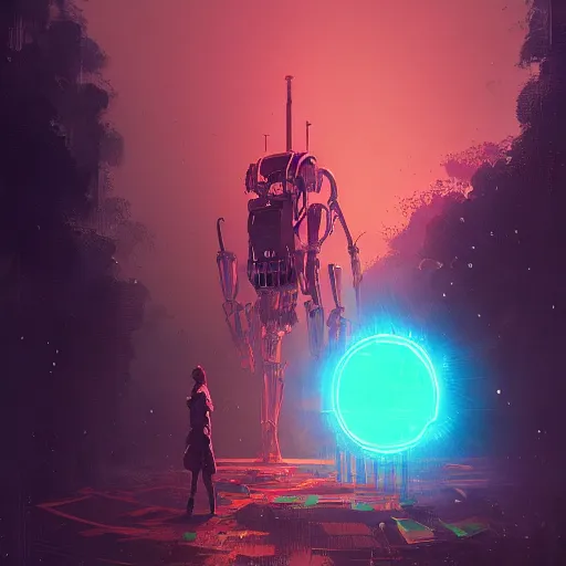 Prompt: neon techno-magic Robot with spear pierces an ancient beast, hyperrealism, no blur, 4k resolution, ultra detailed, style of Anton Fadeev, Ismail Inceoglu, Ivan Shishkin, Greg Rutkowski, Zac Retz, Kawase Hasui, Carlos Schwabe