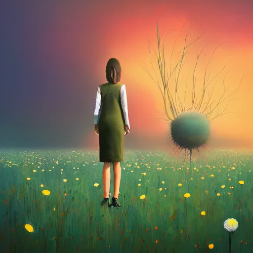 Image similar to giant daisy flower head, frontal, a girl in a suit, surreal photography, sunrise, dramatic light, impressionist painting, digital painting, artstation, simon stalenhag