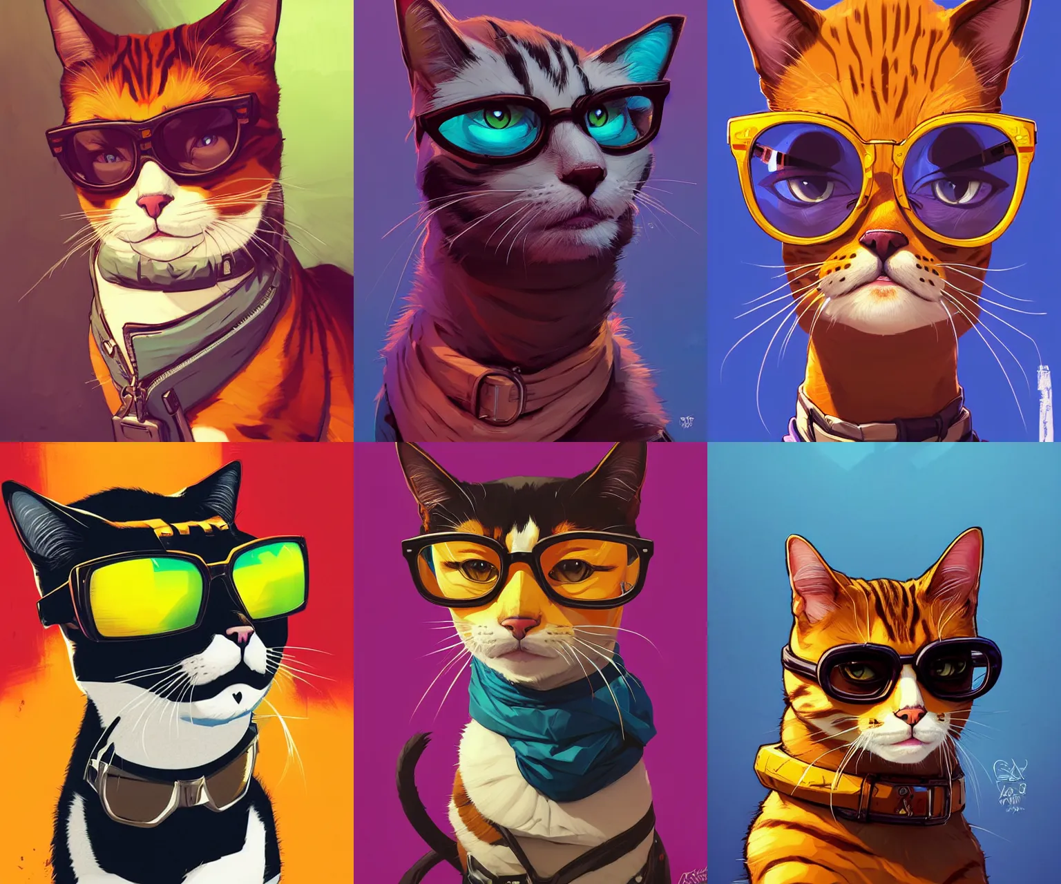 Prompt: portrait of a cat wearing glasses, gta san andreas cover art, borderlands style, celshading, trending on artstation, by rhads, andreas rocha, rossdraws, makoto shinkai, laurie greasley, lois van baarle, ilya kuvshinov and greg rutkowski