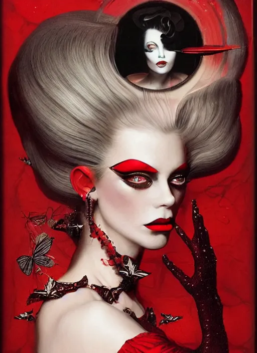 Image similar to an 8 0 s portrait of a woman with dark eye - shadow and red lips with dark slicked back hair with alexander mcqueen face beads dreaming acid - fueled hallucinations by serge lutens, rolf armstrong, delphin enjolras, peter elson, red cloth background