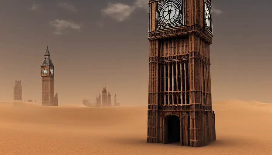 Image similar to london's big ben in mad max, tons of sand, sandstorm, sand dunes, hyperdetailed, artstation, cgsociety, 8 k