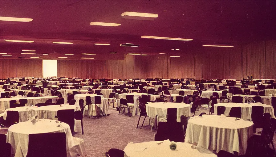 Prompt: 70s movie still of a wide ballroom and a high ceiling, cinestill 800t Technicolor, heavy grain, high quality, criterion collection, liminal space style