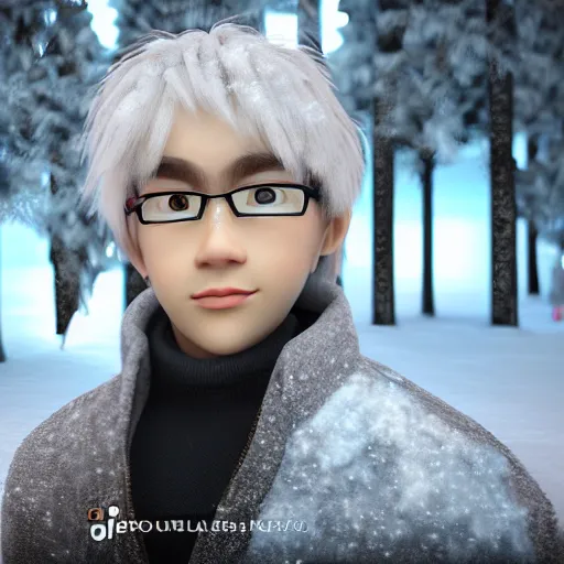 Image similar to a portrait of the artist as a young man. 3 d posing, frozen ice dark forest background, snowing, bokeh, inspired by masami kurumada, octane render, volumetric lighting