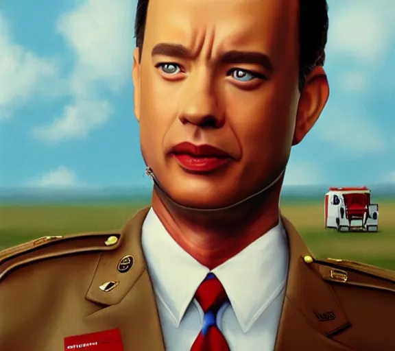 Prompt: Tom hanks as forrest gump wearing a shrimp necklac , realistic face, digtal art, amazing detail, artstation