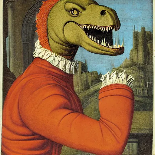 Prompt: portrait of an anthropomorphic tyrannosaurus rex, dressed as an italian duke, sandro bottecelli, 1 5 0 0