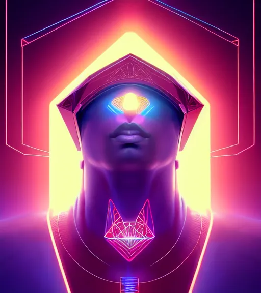 Image similar to symmetry!! egyptian god of technology, solid cube of light, hard edges, product render retro - futuristic poster scifi, lasers and neon circuits, brown skin handsome egyptian god, intricate, elegant, highly detailed, digital painting, artstation, concept art, smooth, sharp focus, illustration, dreamlike, art by artgerm