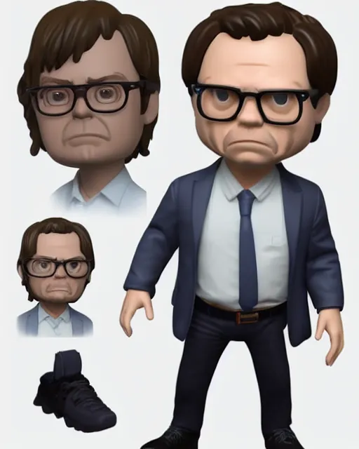 Image similar to full body 3d render of Dwight Schrute as a funko pop, studio lighting, white background, blender, trending on artstation, 8k, highly detailed