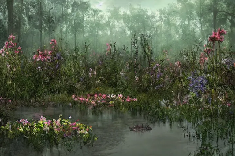 Image similar to hyperrealism, scene from louisiana swamps, spaceship, spring blooming flowers garden, true detective, 8 0 s japanese sci - fi books art