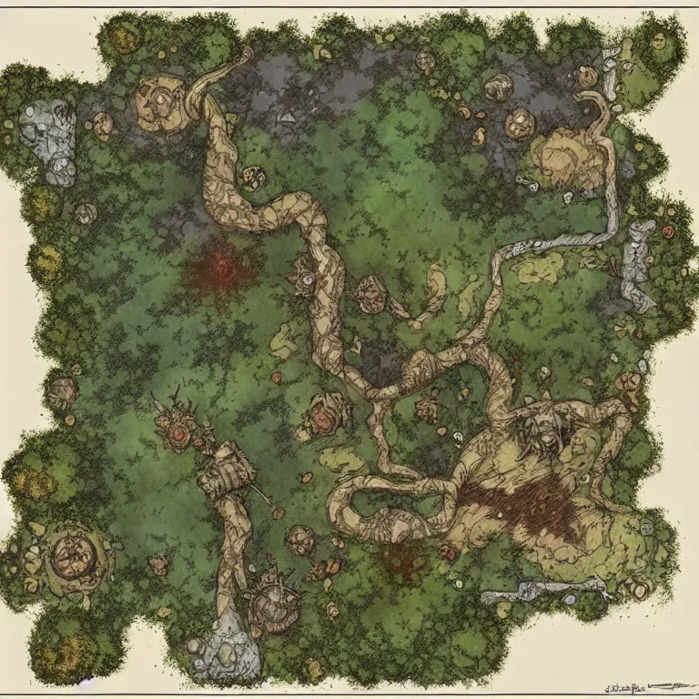 Image similar to full - color fantasy floor plan battle map of a woodland clearing, d & d, pathfinder, by jeff todd and greg rutkowski, trending on artstation, pinterest