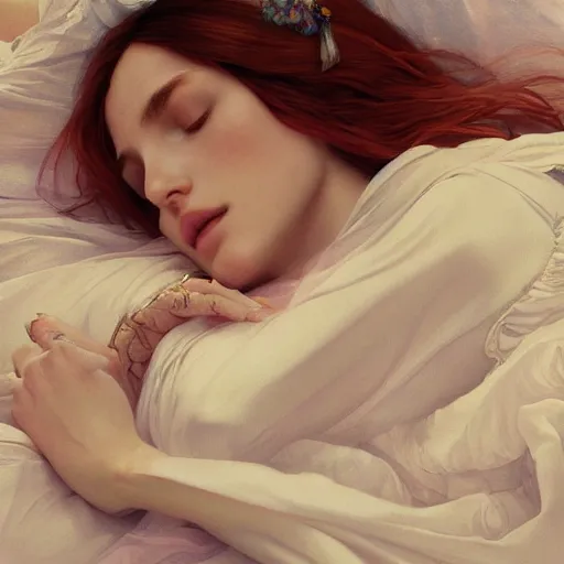 Prompt: ultra realistic illustration, bella thorne sleeping, intricate, elegant, highly detailed, digital painting, artstation, concept art, smooth, sharp focus, illustration, art by artgerm and greg rutkowski and alphonse mucha