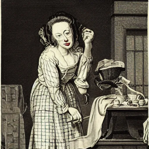 Prompt: Angry Housewife by William Hogarth, crosshatching