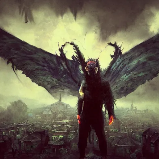 Image similar to scary , epic , Post-processing , low angle , Greg rutkowski legendary matte painting , masterpiece , 8K centered headshot Portrait of a psychedelic godlike mothman posing with a cigar with giant mandala wings smoking a hand-rolled cigarette smoking heavily , magic mushroom village in background , post-processing , award winning. superb resolution. in the art style of Satoshi Kon and Greg Rutkowski , Detailed Mushroom city in background , Hyper realistic anime , Perfect art , Dalle2