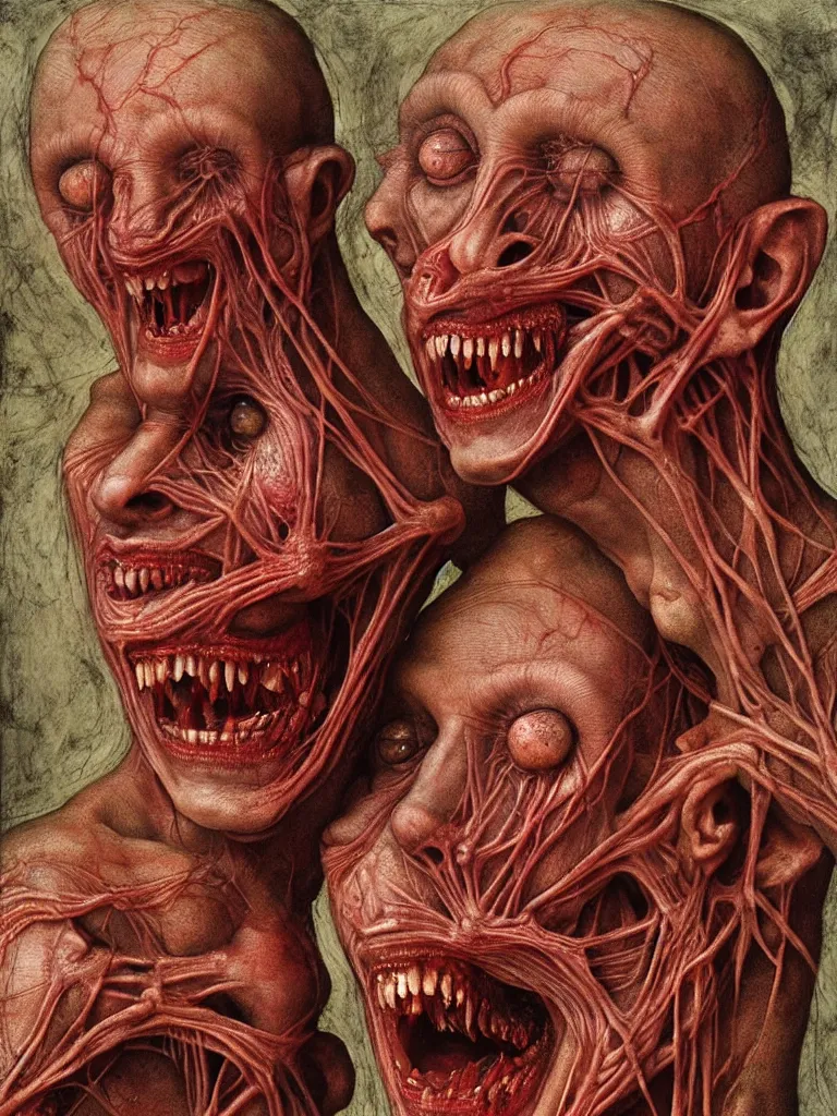 Prompt: siamese twins made of veins, looking into camera, laughing, by giuseppe arcimboldo and ambrosius benson, renaissance, intricate and intense oil paint, a touch of beksinski and hr giger and edward munch, realistic