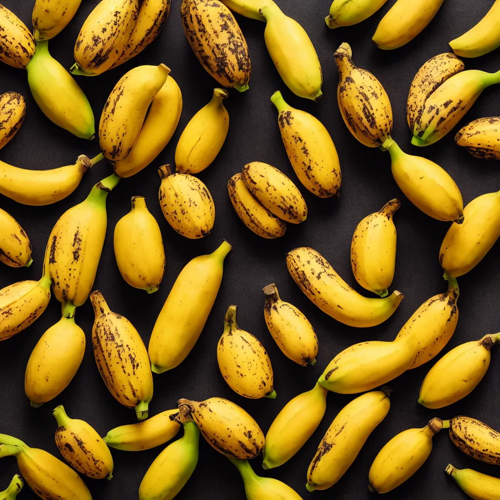 Image similar to fat spotted bananas in the shape of juicy open oranges, closeup, hyper real, food photography, high quality