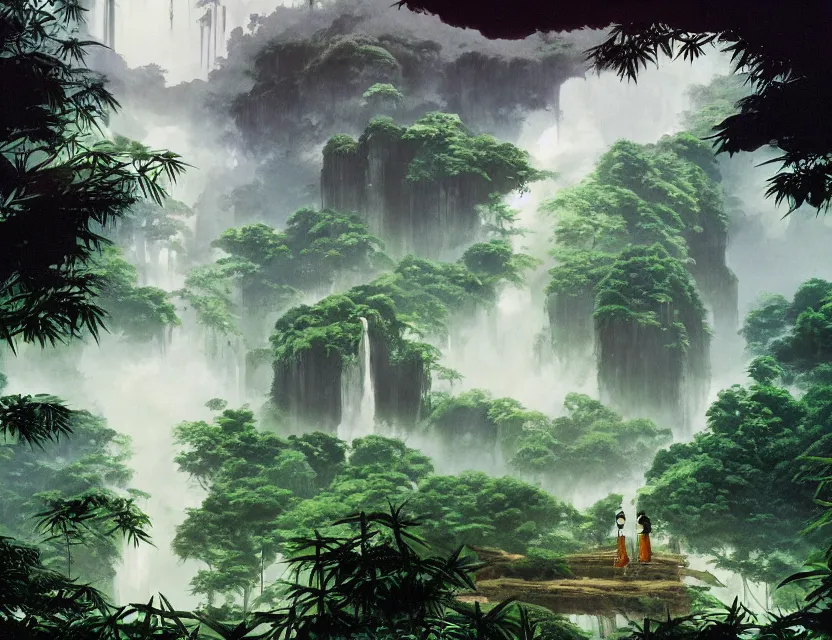 Prompt: a cinematic widescreen photo of ancient japanese cloud temples on a mountain in a misty bamboo cloud forest with colossal waterfalls at dawn by studio ghibli by roger dean by syd mead, terraced, mystical, gardens by the bay