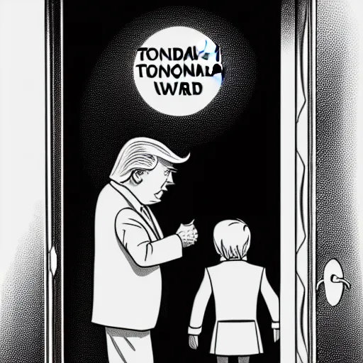 Prompt: storybook illustration of an open wardrobe revealing the entrance to a fantastic world featuring donald trump, storybook illustration, monochromatic