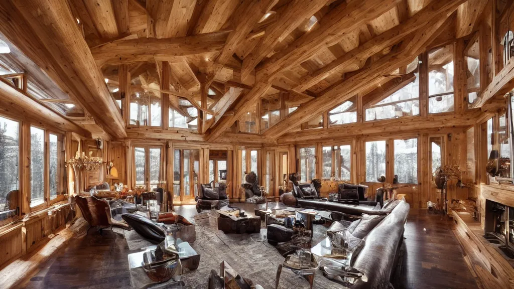 Prompt: interior view of a luxurious ski chalet, high ceilings, polished hardwood floors, sublime architecture, maximalist decor, beautiful lighting, huge windows, located in Norway