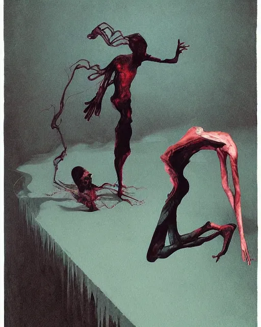 Prompt: Two dark figures dancing in the cold decayed factor in the style of Francis Bacon, Esao Andrews, Zdzisław Beksiński, Edward Hopper, painted by James Gilleard, surrealism, airbrush, very coherent, triadic color scheme, art by Takato Yamamoto and James Jean