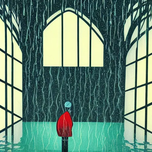 Prompt: young person looking through water wall, with clear glass, melancholic, sad, lots of raindrops, detailed, cinematic, dramatic lighting, by eyvind earle