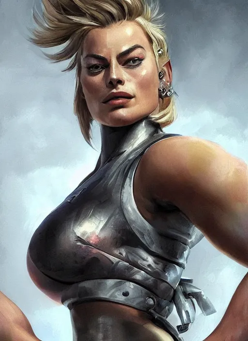 Image similar to detailed portrait of margot robbie as a thick female bodybuilder zarya from overwatch, attractive, beautiful, fantasy, intricate, elegant, highly detailed, digital painting, artstation, concept art, matte, sharp focus, illustration, art by aenaluck, artgerm and roberto ferri and greg rutkowski, epic fantasy, digital painting