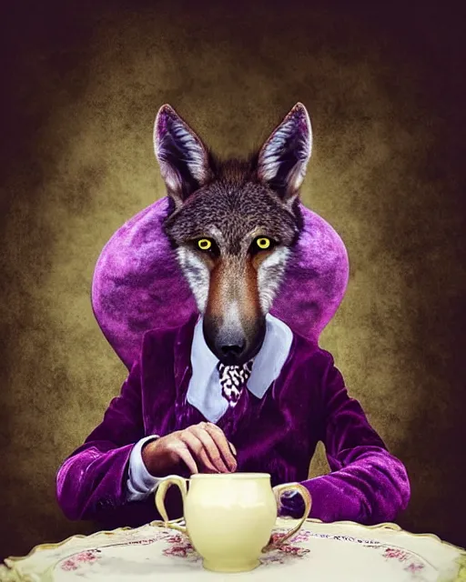 Image similar to Tall emaciated man wolf hybrid with long coyote like ears, wearing a purple velvet enjoying a cup of tea, British Tea Parties, highly realistic, Rick Baker style, photoreal, photograph in the style of Annie Leibovitz