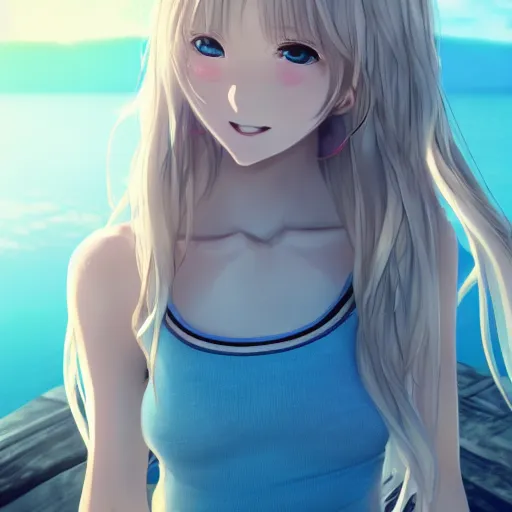 Image similar to a very beautiful anime girl, full body, long wavy blond hair, sky blue eyes, full round face, short smile, cute top, short jeans, summer lake setting, cinematic lightning, medium shot, mid-shot, highly detailed, trending on Artstation, Unreal Engine 4k, cinematic wallpaper by Stanley Artgerm Lau, WLOP, Rossdraws, James Jean, Andrei Riabovitchev, Marc Simonetti, and Sakimichan