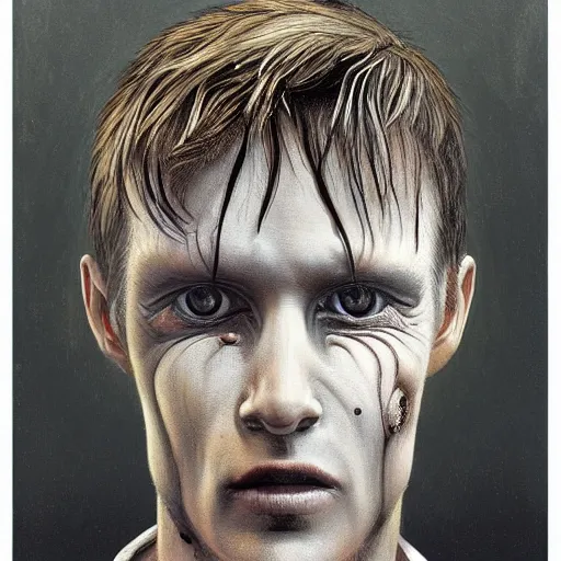 Image similar to surreal portrait of a man by Greg Rutkowski and H.R Giger, symmetrical face, he is about 30 years old, west slav features, short blonde hair with bangs, attractive, smart looking, slim, somewhat androgenic, transformed into a kind of biomechanical transhuman god, disturbing, terrifying but fascinating, with a determined and sinister expression on his face, cosmic void background, frightening, fascinating, highly detailed portrait, digital painting, book cover, artstation, concept art, smooth, sharp foccus ilustration, Artstation HQ