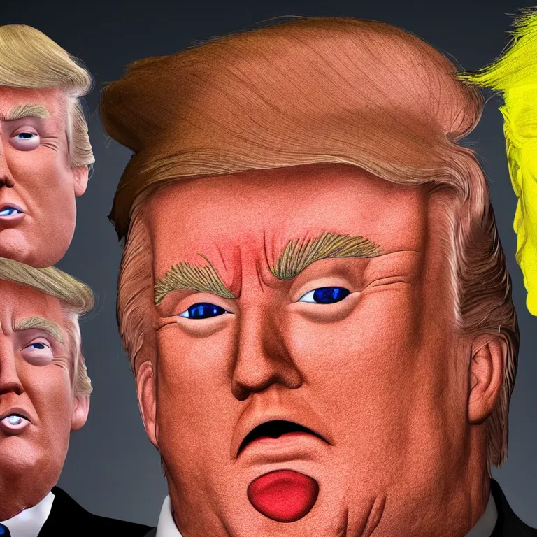 Prompt: a cartoon face, recognizably in the likeness of Donald Trump, with glowing yellow eyes, in style of Dark Brandon