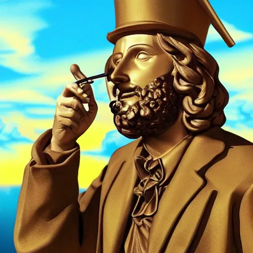 Image similar to a huge willy wonka smoking a joint with jesus statue in rio de janeiro award winning, digital art, realistic, hyper detailed