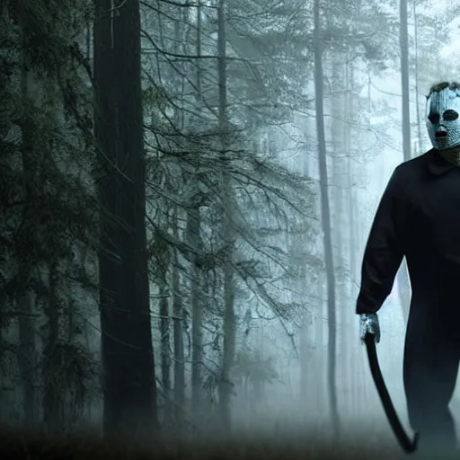 Image similar to He still image of Michael Myers in the woods foggy very detailed 4K quality super realistic