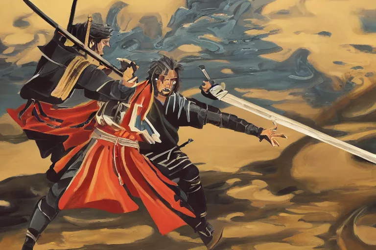 Image similar to epic and cinematographic samurai duel, a painting by mark zug and Daryl Mandryk,