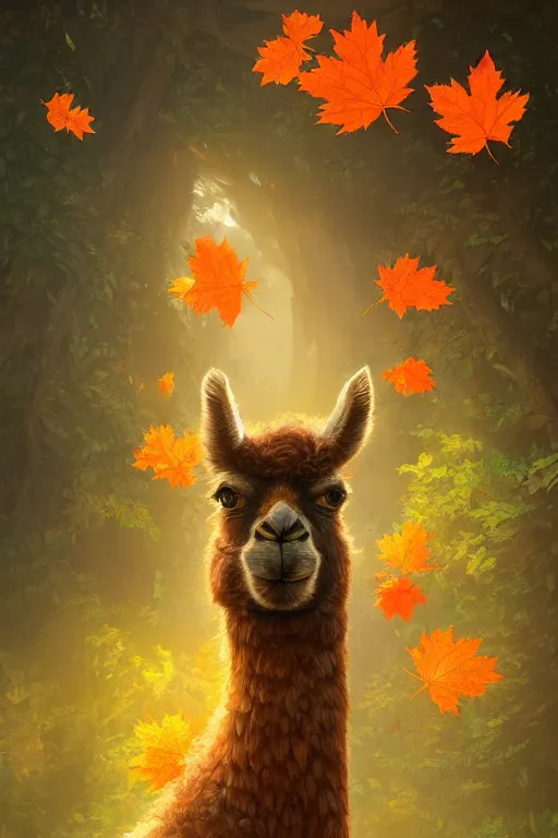 Image similar to beautiful digital painting of anthro llama, orange oak leaves, D&D, fantasy, intricate, anthro, cinematic lighting, highly detailed, digital painting, Artstation, anthro concept art, smooth, sharp focus, illustration, llama art by Artgerm and Greg Rutkowski and Rossdraws