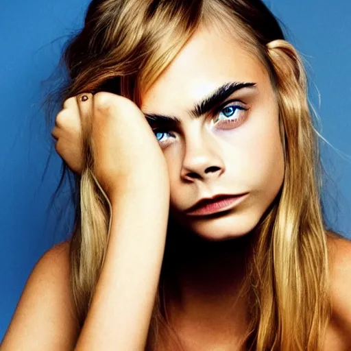 Image similar to photo of a gorgeous 20-year-old Cara Delevingne with 1990s hairstyle by Mario Testino, detailed, head shot, award winning, Sony a7R -