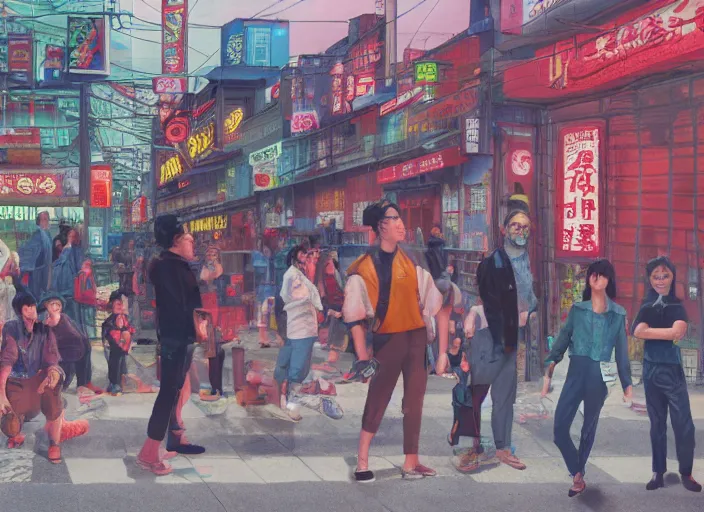 Prompt: group of people made of plastic and clay, 3 d, exterior street, neon japanese advertisements, portrait face, matt murphy, jeremy enecio, miles johnston, monet, cynical realism, john william godward, yoshitaka amano, miles johnston, louise zhang, matt murphy, enes dirig, pekka halonen, finnish naturalism, realism