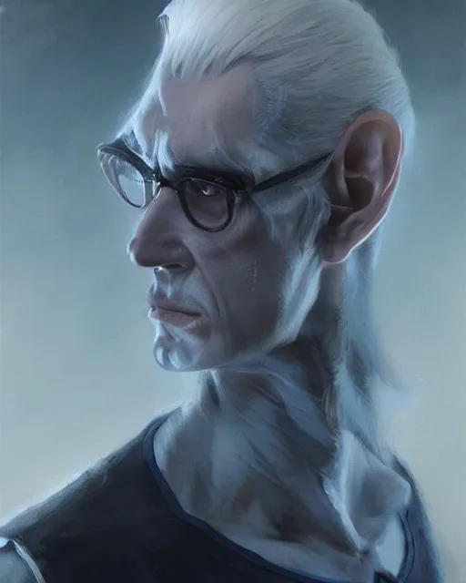 Image similar to character portrait of a slender half - elven man with white hair and intense blue eyes, by greg rutkowski, mark brookes, jim burns, tom bagshaw, trending on artstation