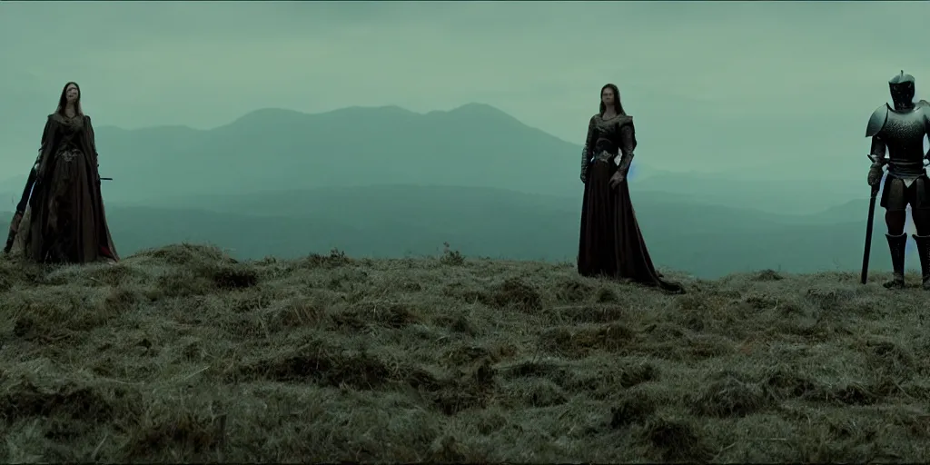 Image similar to film still of woman on a throne and knight standing below on a knee, on a mountain of dead knights by emmanuel lubezki
