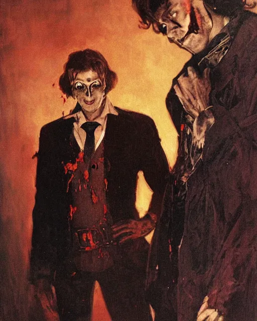 Image similar to two handsome but sinister young men in layers of fear, with haunted eyes and wild hair, 1 9 7 0 s, seventies, wallpaper, a little blood, moonlight showing injuries, delicate embellishments, painterly, offset printing technique, by john howe, brom, robert henri, walter popp