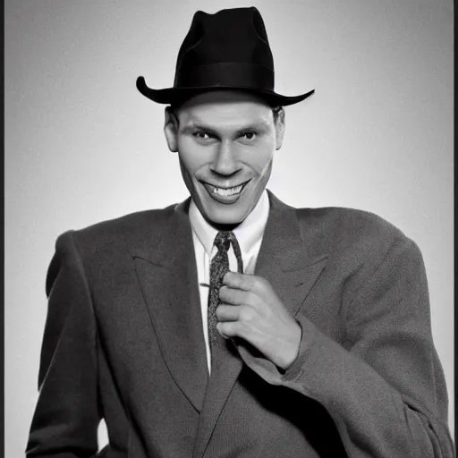 Image similar to A photograph portrait of Jerma985 wearing a suit with and fedora in the 1950s, taken in the early 1950s, grainy, taken on a 1950s Kodak Camera, realistic, hyperrealistic, very realistic, highly detailed, very detailed, extremely detailed, detailed, digital art, trending on artstation