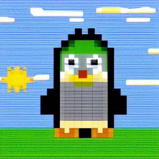 Image similar to arctic landscape, 8 bit pixel art, penguin, hut