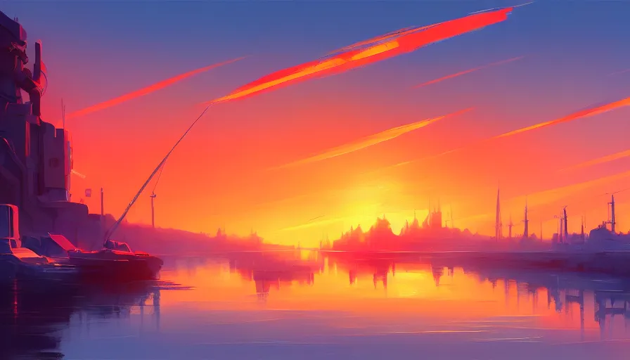 Prompt: concept art by jama jurabaev, cel shaded, cinematic shot, trending on artstation, high quality, brush stroke, vibrant colors, sunrise goes back and forth in the port of impression