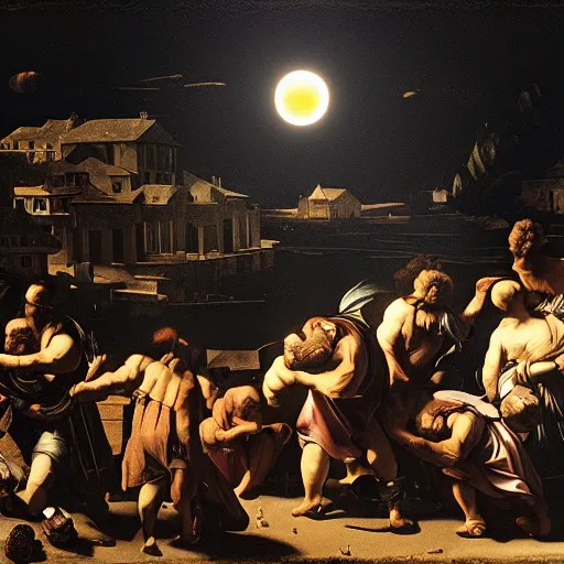 Image similar to dark solar eclipse, above a village, highly detailed, studio 4 k quality, by caravaggio